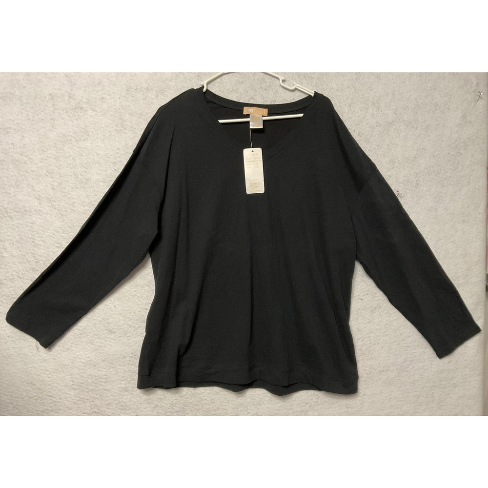 La Cera Shirt Womens 1X Black 100% Cotton Long Sleeve V Neck Plus Size Top‎